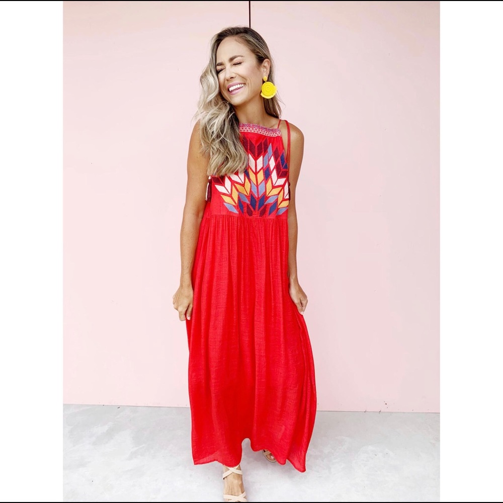 Red embroidered maxi dress